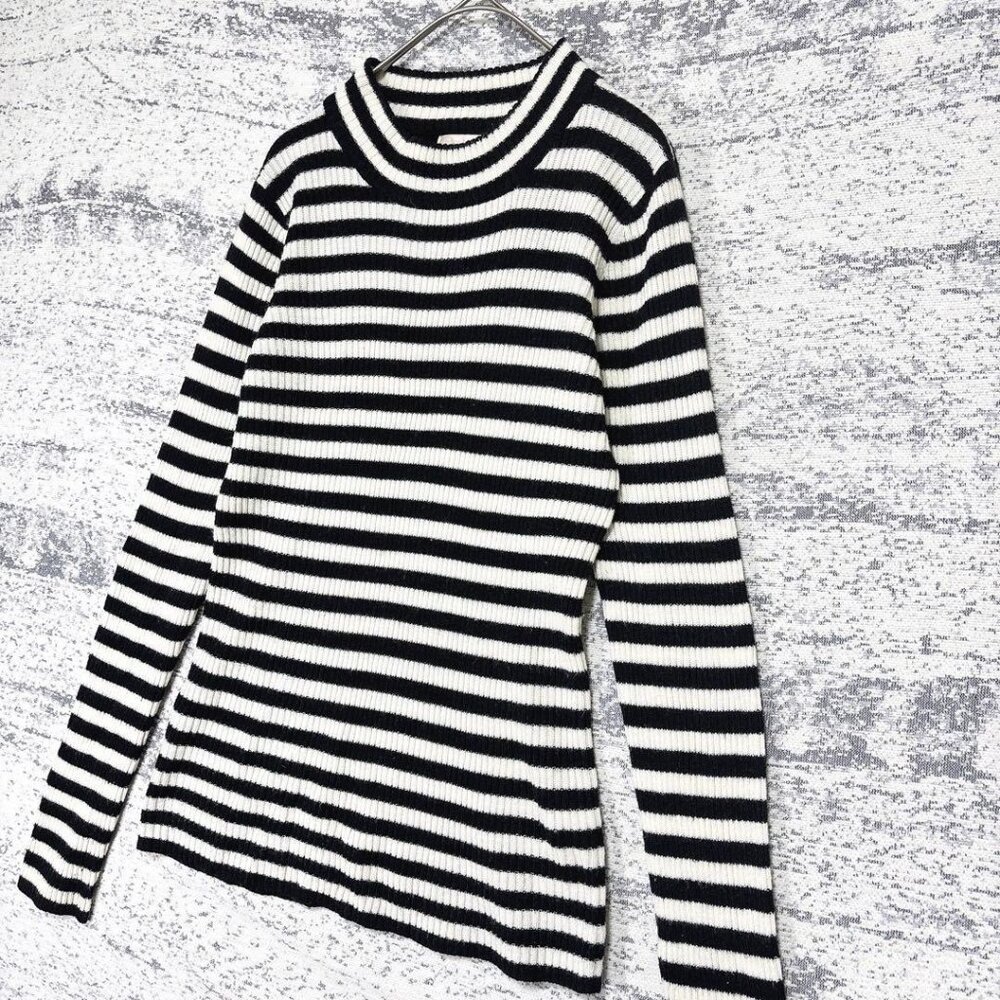 Excite Border High Neck Ribbed Knit Sweater